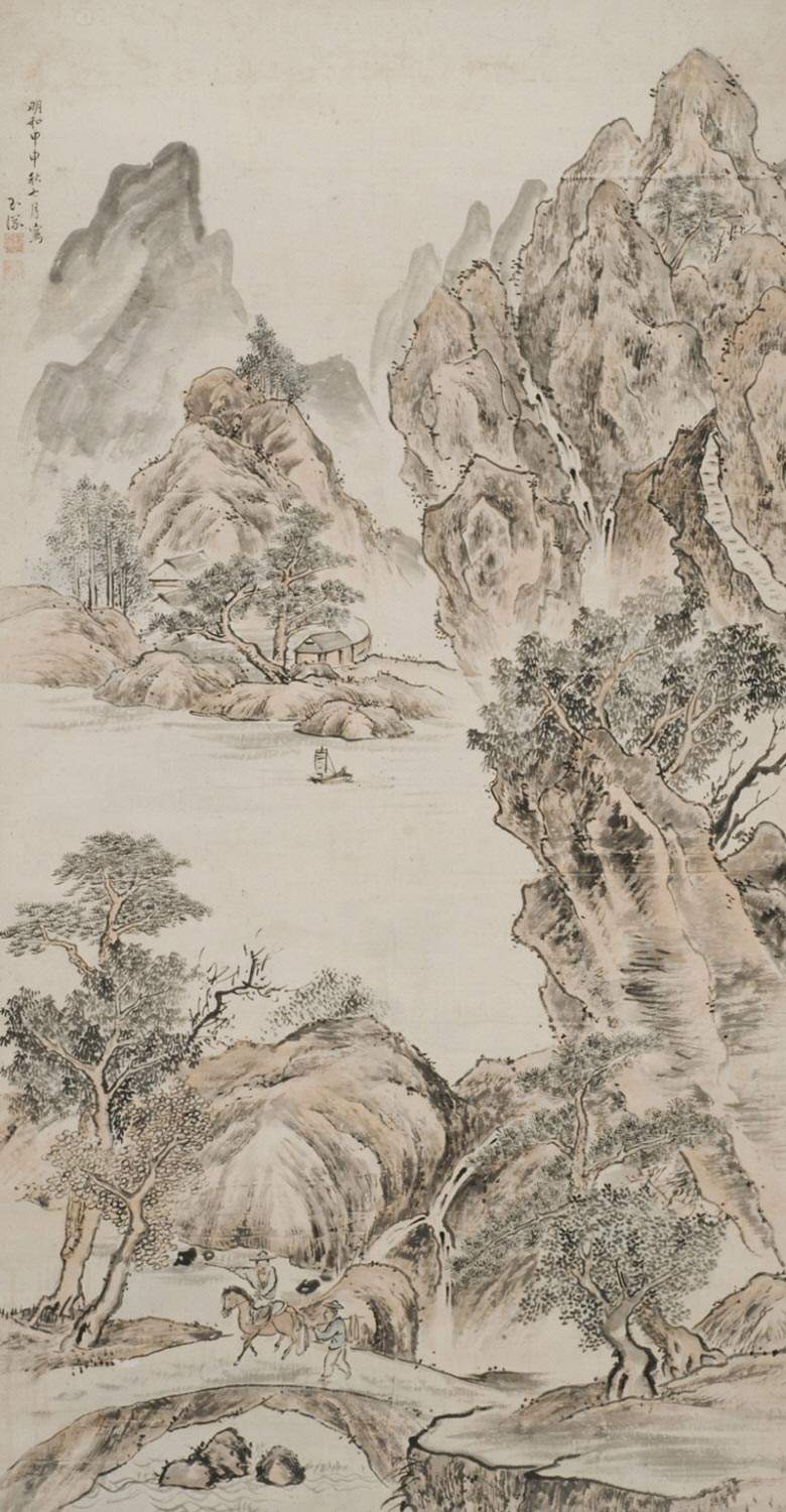 Tokuyama Gyokuran, Summer Landscape, 1770 [hanging scroll; ink and colours on paper].